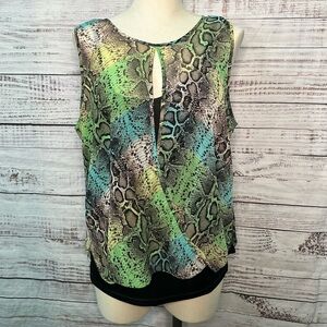 Venus XL Snake Print Blouse Y2K Cross Front Chiffon Overlay Tank Top Keyhole